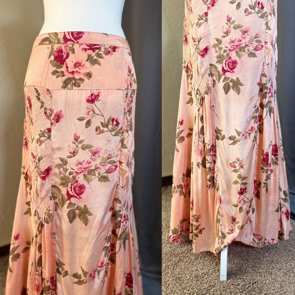 Free People Rowan Maxi Skirt Fairycore 6 Peach Pink Floral Boho Smocked Panel - Picture 4 of 13